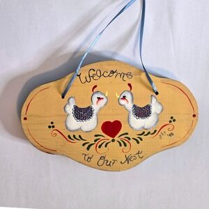 Vtg 1980s Hand Painted Wood Welcome To Our Nest Sign Folk Art Birds Heart Goose
